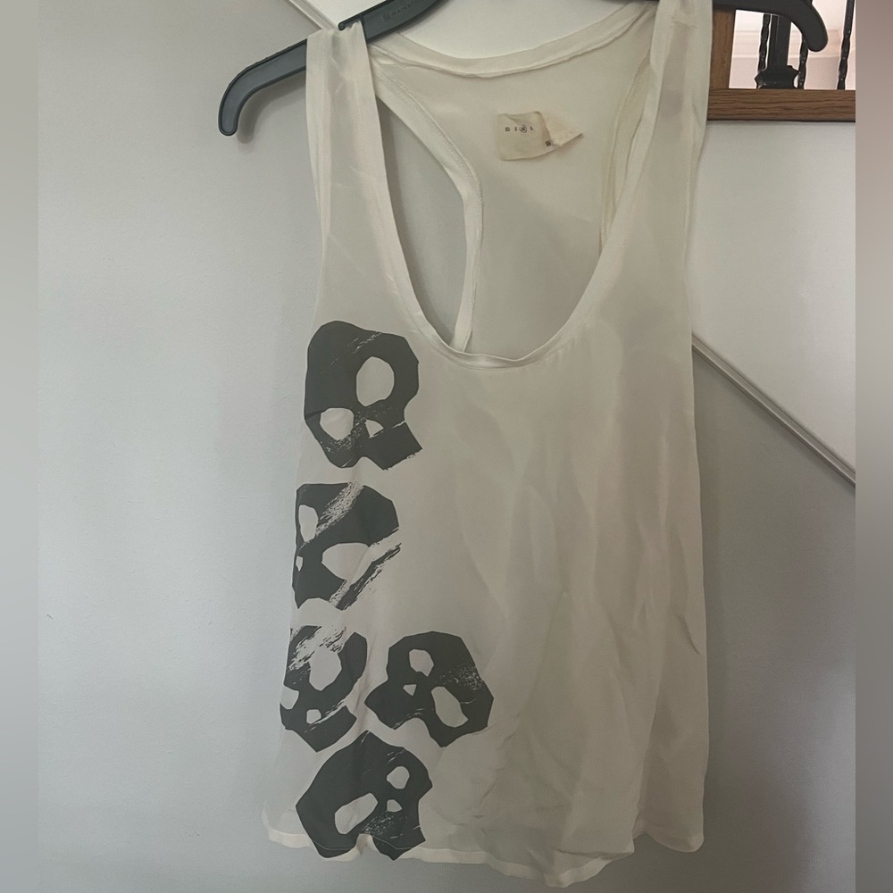William Rast White Silk Tank Top with Black Skull Print